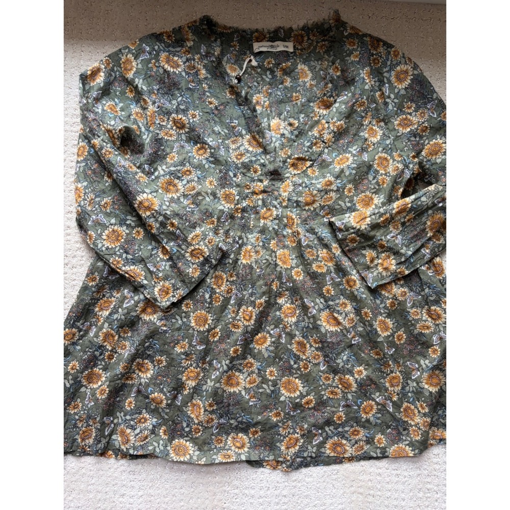 Natural Life Tunic Top S/M Green Cotton Floral Boho CottageCore Botanical